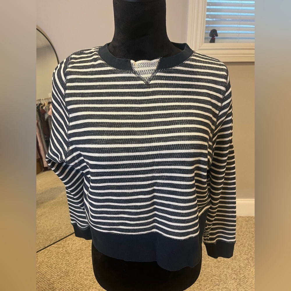 Madewell Cropped Navy and White Striped Sweatshirt - small